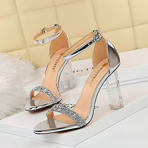 

Women's Sandals Club Ankle Strap Sandals Sparkly Sandals Summer Rhinestone Buckle Chunky Heel Ankle Strap Heel Open Toe Sexy Suede Patent Leather Ankle Strap Solid Colored Silver Black Khaki