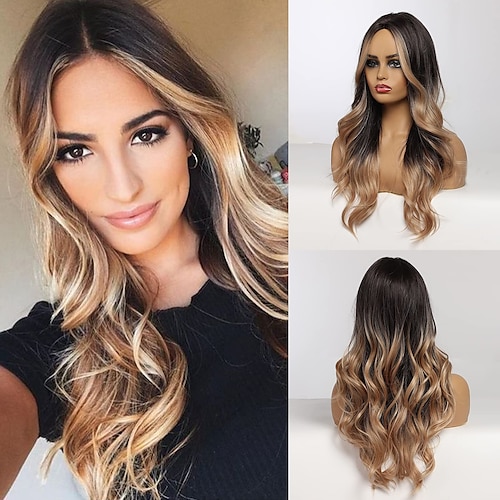 

Long Curly Wigs for Women Natural Ombre Wigs Dark Brown Roots to Blonde Wigs Middle Part Wigs Heat Resistant Fibre Synthetic Women's Wig 24 Inch Daily Natural lookin
