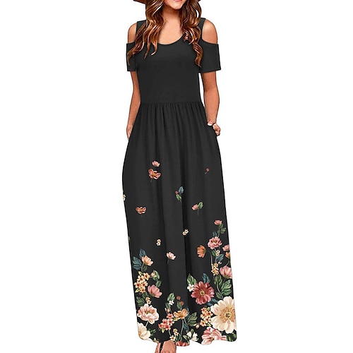 

Women's Long Dress Maxi Dress Black Blue Pink Short Sleeve Floral Print Spring Summer Crew Neck Modern Weekend 2022 S M L XL XXL