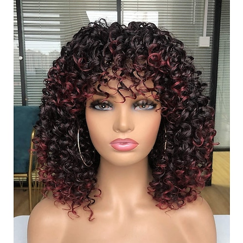 

Black Wigs for Women Prettiest Afro Curly Wig Black with Warm Brown Highlights Wig with Bangs for Black Women Natural Looking for Daily Wear
