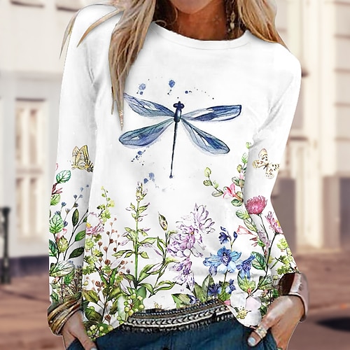 

Women's T shirt Tee White Animal Floral Print Long Sleeve Casual Weekend Basic Round Neck Regular Floral Painting S