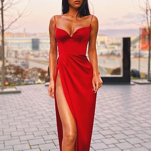 

Women's Satin Dress Sheath Dress Midi Dress Black Red Sleeveless Pure Color Backless Spring Summer Spaghetti Strap Modern Weekend 2022 S M L