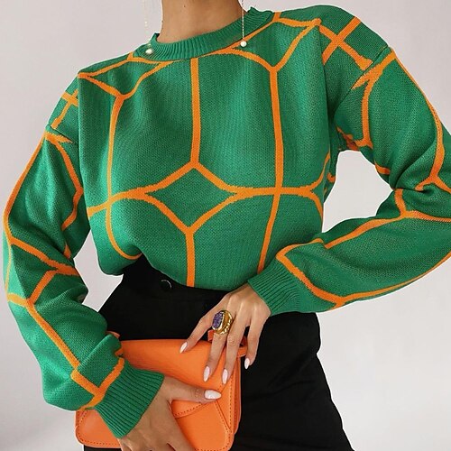 

Women's Pullover Sweater jumper Jumper Knit Knitted Striped Crew Neck Stylish Casual Daily Holiday Spring Summer Green Blue S M L / Cotton / Long Sleeve / Cotton / Regular Fit