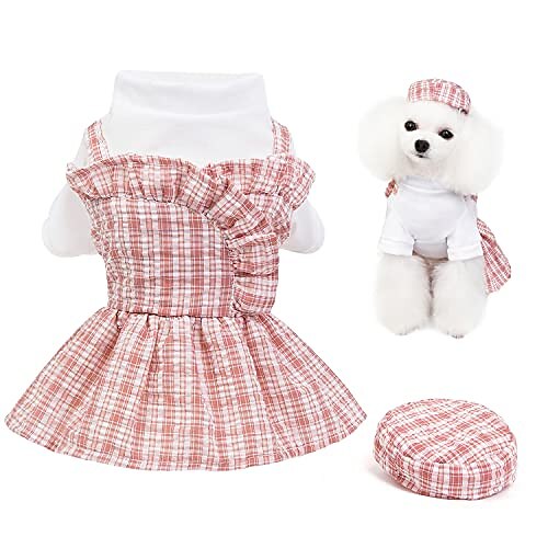 

Plaid Dog Dress with Hat Spring Summer Puppy Dresses for Small Dogs Girl Pet Clothes Outfit Apparel Cute Lattice Cat Skirt Clothing (Small, Pink)