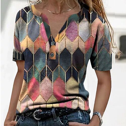 

Women's T shirt Tee Blue Purple Yellow Graphic Color Block Print Short Sleeve Casual Daily Basic Vintage V Neck Regular Geometric S