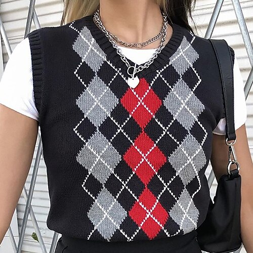 

Women's Sweater Vest Jumper Chunky Knit Cropped Knitted Print Argyle V Neck Stylish Sport Daily Spring Summer Black S M L / Sleeveless / Sleeveless / Regular Fit