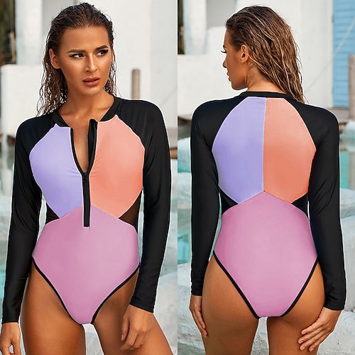 

Women's One Piece Swimsuit Rash Guard Elastane Bodysuit Bathing Suit UV Sun Protection UPF50 Breathable Stretchy Long Sleeve Front Zip - Swimming Surfing Beach Water Sports Patchwork Autumn / Fall