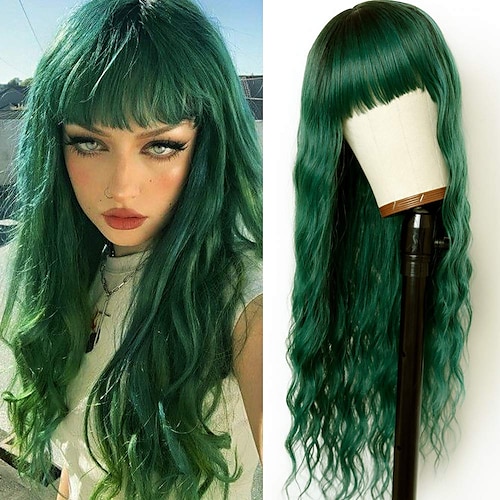 

Green Wigs for Women Long Wavy Hair Green Body Wave Wig with Bangs Dark Roots Green Wig Synthetic Loose Curly Wigs Full Machine Wig Cosplay Party Hair Wigs for Fashion Women ChristmasPartyWigs
