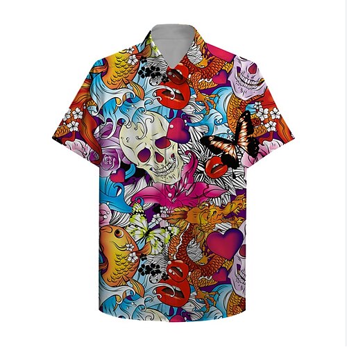 

Men's Shirt Summer Hawaiian Shirt Graphic Shirt Skull Turndown Yellow 3D Print Holiday Short Sleeve 3D Print Clothing Apparel Designer Hawaiian