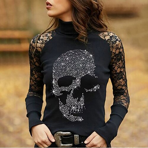 

Women's Casual Weekend T shirt Tee Skull Long Sleeve Lace Patchwork High Neck Basic Tops Black S