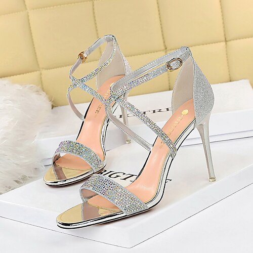 

Women's Sandals Glitter Crystal Sequined Jeweled Stilettos Sparkly Sandals Summer Rhinestone Buckle Sequin High Heel Chunky Heel Stiletto Heel Open Toe Elegant Sexy PU Leather Ankle Strap Solid