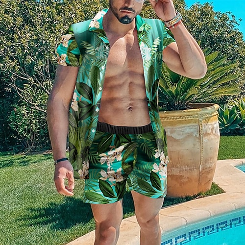 

Men's Shirt Set Summer Hawaiian Shirt Floral Leaves Turndown Green 3D Print Outdoor Casual Short Sleeve 3D Print Button-Down Clothing Apparel Fashion Casual Hawaiian Comfortable / Spring