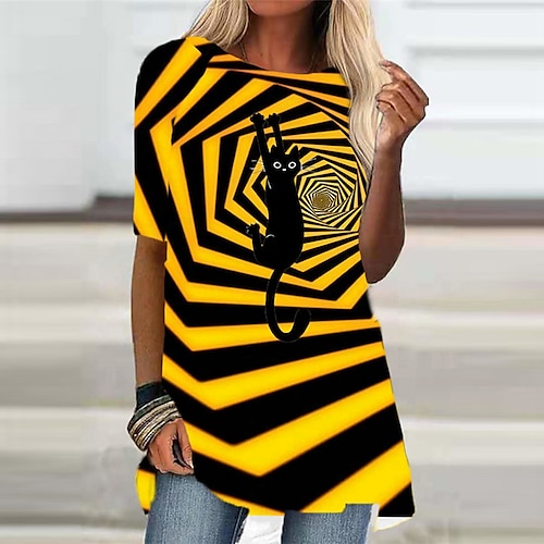 

abito maglione a linea da donna mini abito maglione corto giallo mezza manica gatto a strisce stampa animalier primavera estate girocollo elegante casual moderno 2022 s m l xl xxl 3xl