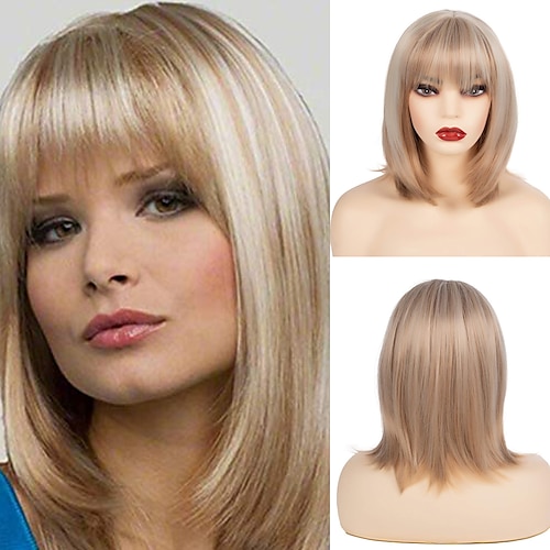 

Blonde Bob Wig Blonde Mix Silver Straight Shoulder Length Wig with Bangs for White Women Bob Wig Short Synthetic Hair for Daily Party Use