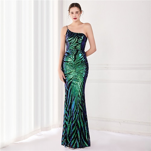 

Mermaid / Trumpet Evening Dresses Elegant Dress Wedding Guest Floor Length Sleeveless One Shoulder Sequined V Back with Sequin 2022 / Formal Evening