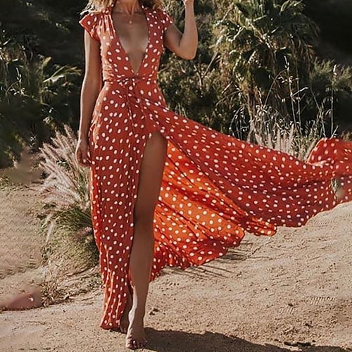 

Mulheres Vestido Swing Vermelho Manga Curta Poá Cordões Primavera Verão Decote em V Profundo quente Final de semana 2022 S M L XL