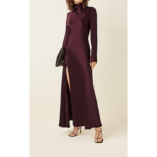 

A-Line Evening Dresses Empire Dress Wedding Guest Ankle Length Long Sleeve High Neck Charmeuse with Sleek Slit 2022 / Formal Evening
