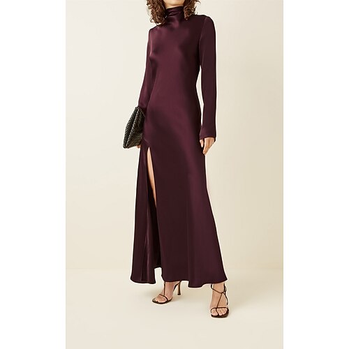 

A-Line Evening Dresses Empire Dress Wedding Guest Ankle Length Long Sleeve High Neck Charmeuse with Sleek Slit 2022 / Formal Evening