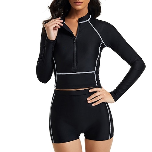 

Women's Swimwear Rash Guard Diving 2 Piece Normal Swimsuit 2 Piece UV Protection Modest Swimwear Zipper Striped Pure Color Black Padded High Neck Bathing Suits New Sports & Outdoors Fashion / Modern