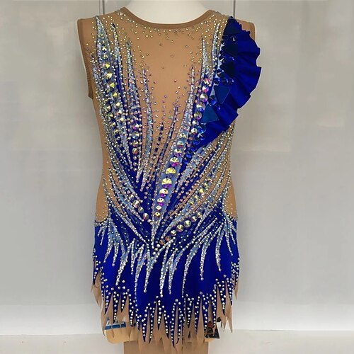 

Rhythmic Gymnastics Leotards Artistic Gymnastics Leotards Women's Girls' Leotard Mesh Spandex High Elasticity Handmade Sleeveless Competition Dance Rhythmic Gymnastics Artistic Gymnastics Blue