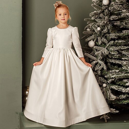 

Party Event / Party A-Line Flower Girl Dresses Jewel Neck Sweep / Brush Train Satin Winter Fall with Pearls Ruching Cute Girls' Party Dress Fit 3-16 Years