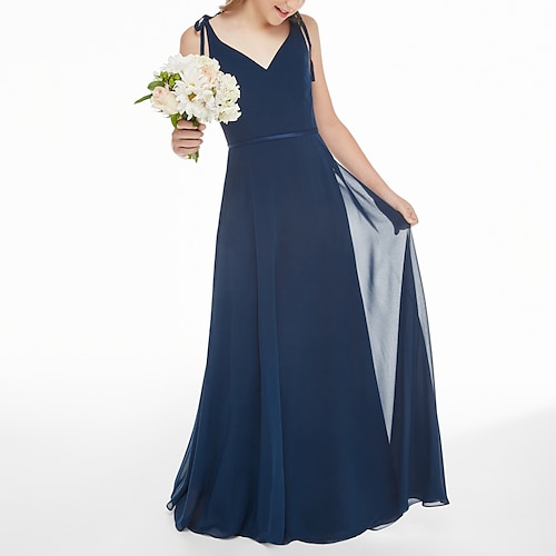 

A-Line Floor Length V Neck Chiffon Junior Bridesmaid Dresses&Gowns With Sash / Ribbon Wedding Party Dresses 4-16 Year