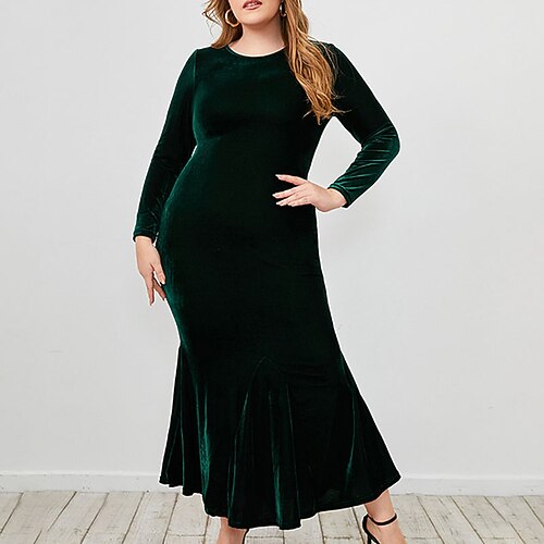 

Women's Plus Size Party Dress Velvet Solid Color Crew Neck Ruched Long Sleeve Fall Winter Elegant Formal Prom Dress Maxi long Dress Formal Party Dress Velvet Dress