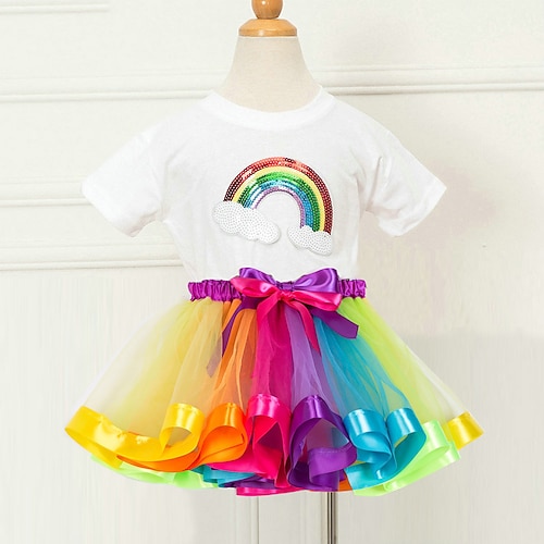 

2 Pieces Kids Girls' T-shirt & Skirt SkirtSet Outfit Rainbow Short Sleeve Sequins Set Daily Fall Spring 3-8 Years Rainbow