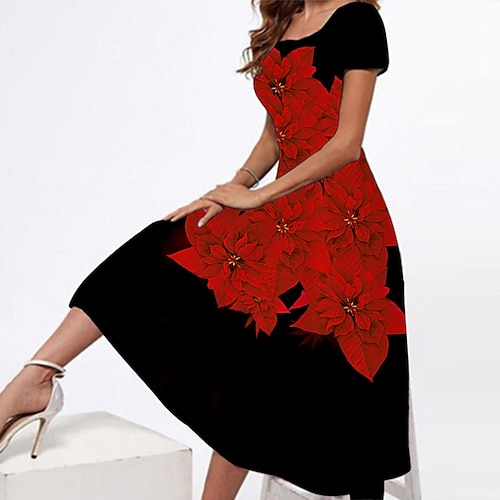 

Women's Shift Dress A Line Dress Knee Length Dress Black Pink Red Long Sleeve Floral Print Summer Spring Crew Neck Stylish Summer Dress 2023 S M L XL XXL XXXL