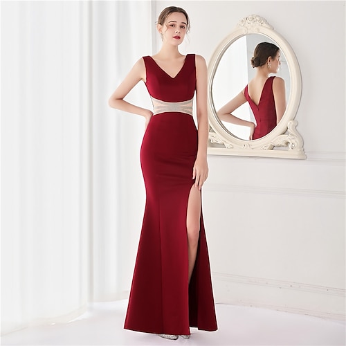 

Mermaid / Trumpet Evening Dresses Elegant Dress Wedding Guest Floor Length Sleeveless V Neck Stretch Satin V Back with Crystals Slit 2022 / Formal Evening