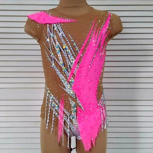 

Rhythmic Gymnastics Leotards Artistic Gymnastics Leotards Women's Girls' Leotard Mesh Spandex High Elasticity Handmade Sleeveless Competition Dance Rhythmic Gymnastics Artistic Gymnastics Pink
