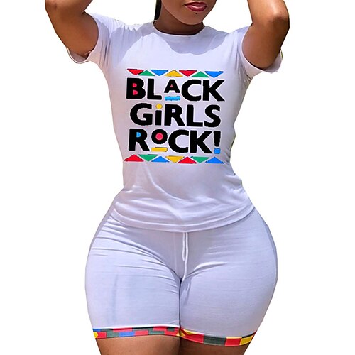 

Women's Plus Size Tops Set Geometry Letter Print Short Sleeve Crewneck Streetwear Preppy Daily Sports Polyester Spring Summer White Black