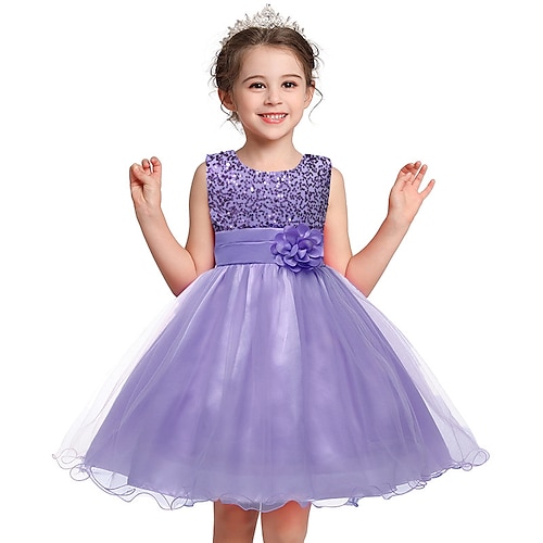 

Kids Little Girls' Dress Floral Solid Colored Flower Tulle Dress Party Sequins Layered Purple Fuchsia Pink Sleeveless Princess Sweet Dresses Fall Spring Slim 3-12 Years
