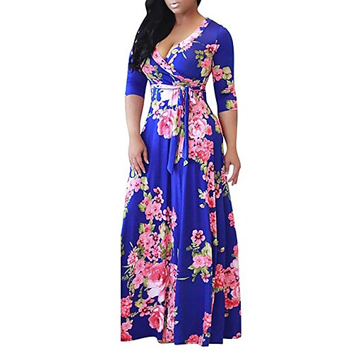 

kvinders plus size feriekjole blomstret v-hals print lange ærmer forår sommer afslappet maxi lang kjole afslappet hverdagskjole