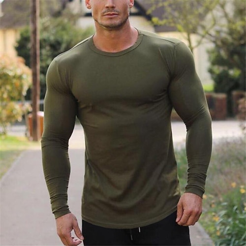 

Men's T shirt Tee Solid Color Crew Neck Army Green Dark Gray White Black Casual Holiday Long Sleeve Clothing Apparel Cotton Sports Fashion Lightweight Muscle