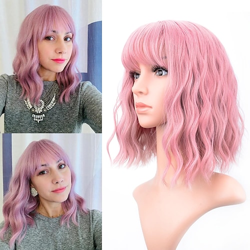 

Pink Wig Purple Wig Pastel Wavy Wig With Air Bangs Women's Short Bob Purple Pink Wigs Curly Wavy Shoulder Length Pastel Bob Synthetic Cosplay Wig for Girls Daily Use Colorful Wigs