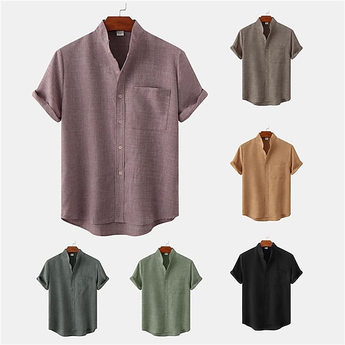 

Men's Shirt Solid Color Stand Collar Street Casual Button-Down Short Sleeve Tops Casual Fashion Comfortable Black Light Green Khaki/Summer Shirts