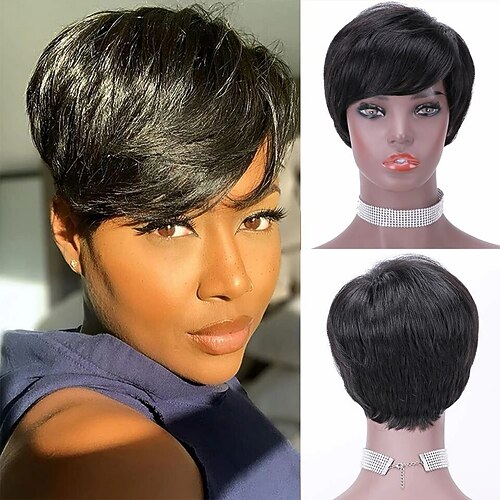 

Pixie Cut Wig Short Straight Human Hair Wigs For Black Woman Full Machine Made Highlight Ombre Color Glueless Remy Human Hair