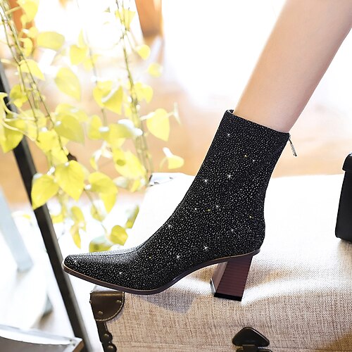 

Women's Boots Club Glitter Crystal Sequined Jeweled Heel Boots Booties Ankle Boots Winter Sequin Chunky Heel Square Toe Sexy Elastic Fabric Solid Colored Black