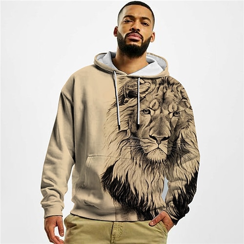 

Men's Unisex Hoodie Pullover Hoodie Sweatshirt Khaki Hooded Lion Graphic Prints Print Daily Sports 3D Print Designer Casual Big and Tall Spring & Fall Clothing Apparel Hoodies Sweatshirts Long