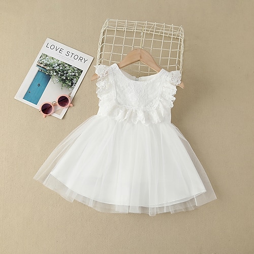 

Infantil Para Meninas Vestido Cor Sólida Vestido De Tule Altura dos Joelhos Vestido Casamento Renda Sem Manga Estilo bonito Vestido 2-8 anos Primavera Branco