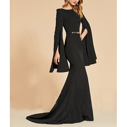

Mermaid / Trumpet Maxi Elegant Wedding Guest Formal Evening Dress Scoop Neck Long Sleeve Court Train Stretch Fabric with Sash / Ribbon 2022