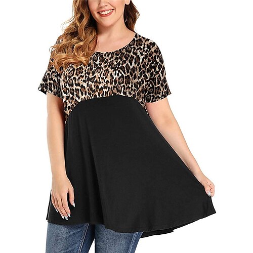 

Women's Plus Size Tops Blouse Shirt Color Gradient Leopard Print Short Sleeve Round Neck Streetwear Daily Going out Polyester Spring Summer Green Blue / Sunflower