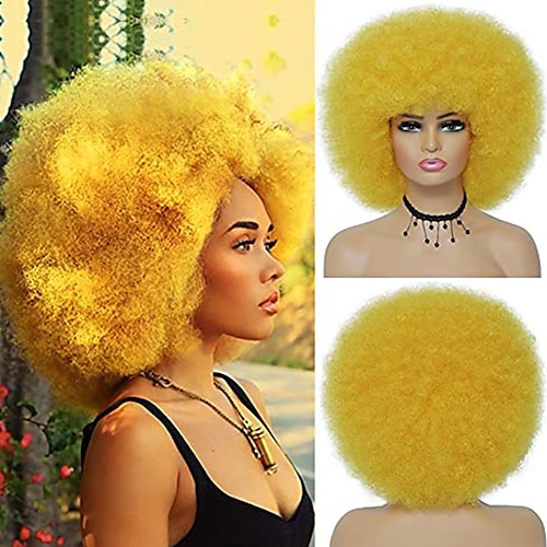 

Afro Curly Wigs for Black Women - Natural 70s Yellow Short Big Afro Kinky Curly Wig with Bangs 10 Inch