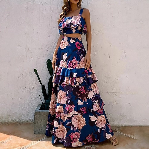 

robe longue Femme Robe Ensemble Sans Manches Printemps Eté - à la mode Casual A Volants Dos Nu Accueil froid Floral Col Carré Fin de semaine 2023 Bleu de minuit S M L XL