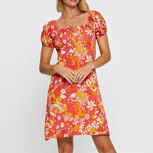 

Women's Casual Dress Mini Dress Orange Short Sleeve Floral Print Spring Summer Square Neck Weekend 2022 S M L XL