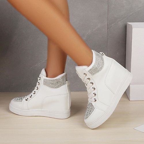 

Women's Sneakers Outdoor Daily Plus Size Height Increasing Shoes White Shoes Rhinestone Crystal Wedge Heel Hidden Heel Round Toe Sporty Casual Walking Shoes PU Leather Lace-up Color Block Black White