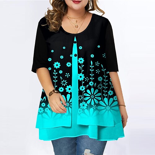 

Women's Plus Size Tops T shirt Tee Floral Fake two piece Print Half Sleeve Crewneck Streetwear Daily Going out Polyester Fall Spring White Blue