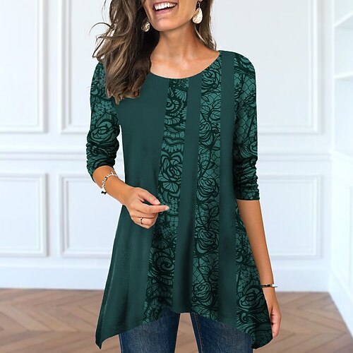 

Women's T shirt Tee Green Blue Purple Floral Flowing tunic Print Long Sleeve Casual Holiday Basic Round Neck Long Floral Painting S