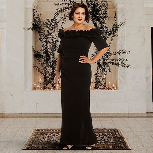 

Sheath / Column Mother of the Bride Dress Plus Size Elegant Off Shoulder Floor Length Chiffon Half Sleeve with Ruching 2022